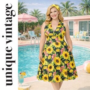 Unique Vintage Sunflower Cotton Halter Swing Dress, 2x, NWT!